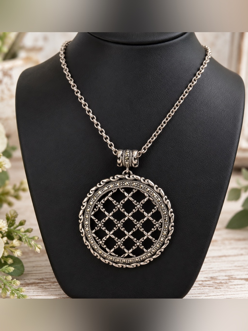 Judith Jack Rare Vintage Sterling Silver Marcasite Openwork Medallion Necklace